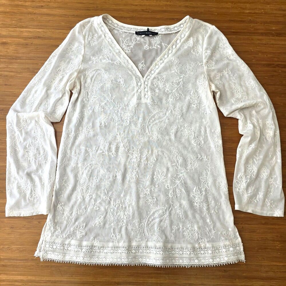 WHBM Lace Cover Up Blouse Sheer Floral Botanical V Neck Beach Resort Poolside L